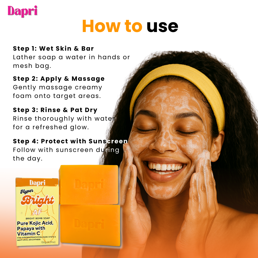 Dapri Hyper Bright AF Bright Bomb Soap with Pure Kojic Acid, Papaya, and Vitamin C (2 Pack + Mesh bag)