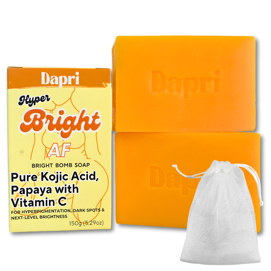 Dapri Hyper Bright AF Bright Bomb Soap with Pure Kojic Acid, Papaya, and Vitamin C (2 Pack + Mesh bag)