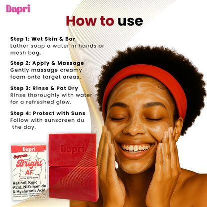 Dapri Supreme Bright AF Glow Bomb Soap Bars – Retinol, Kojic Acid, Niacinamide, Hyaluronic Acid, Vitamin C & E - Radiance, Hydrating & Smoothing Face & Body Cleanser – 2 Pack + Mesh Bag -150g