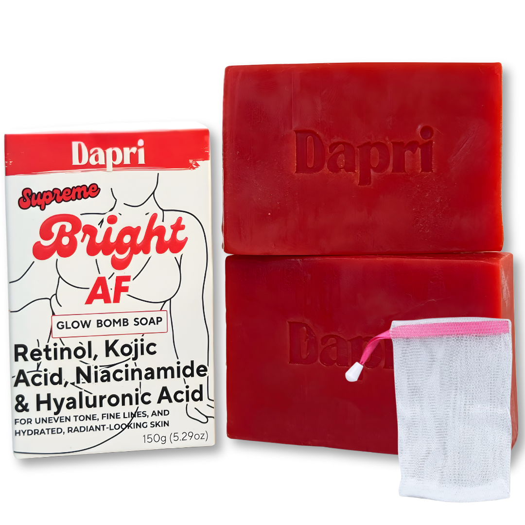Dapri Supreme Bright AF Glow Bomb Soap Bars – Retinol, Kojic Acid, Niacinamide, Hyaluronic Acid, Vitamin C & E - Radiance, Hydrating & Smoothing Face & Body Cleanser – 2 Pack + Mesh Bag -150g