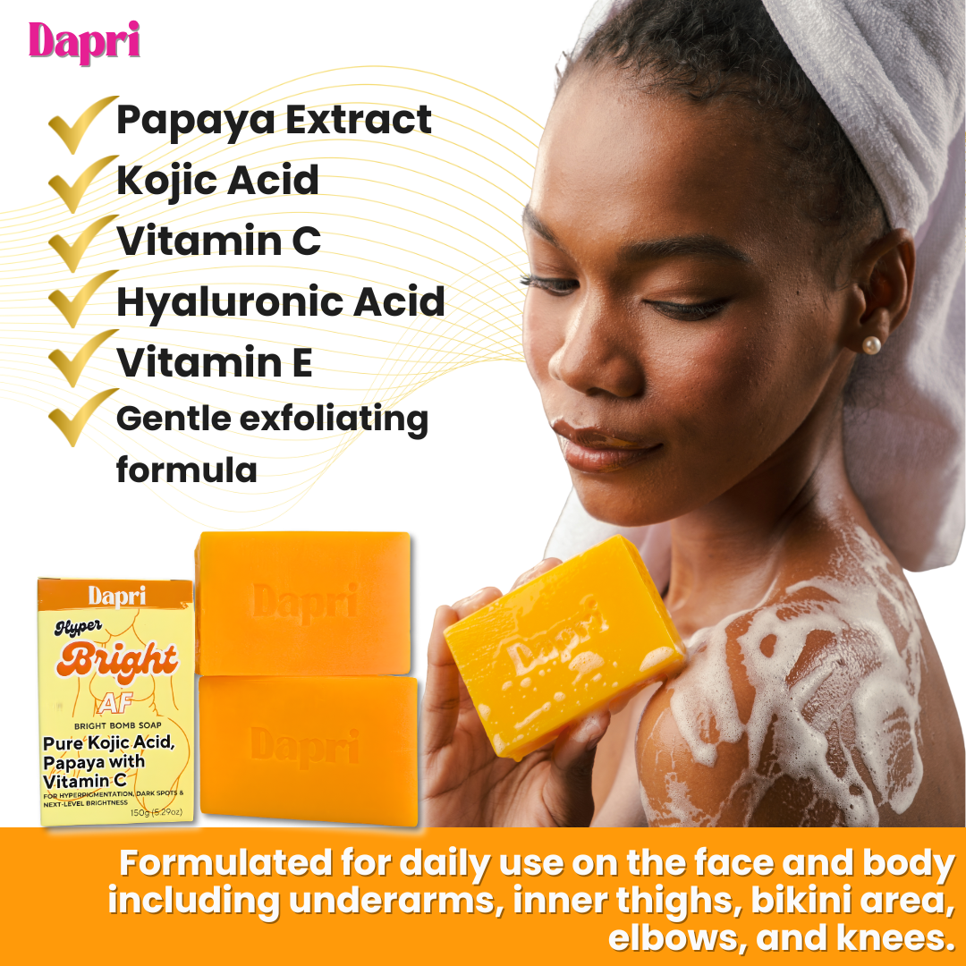 Dapri Hyper Bright AF Bright Bomb Soap with Pure Kojic Acid, Papaya, and Vitamin C (2 Pack + Mesh bag)