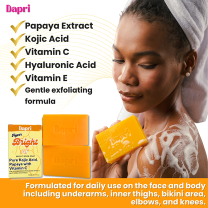 Dapri Hyper Bright AF Bright Bomb Soap with Pure Kojic Acid, Papaya, and Vitamin C (2 Pack + Mesh bag)