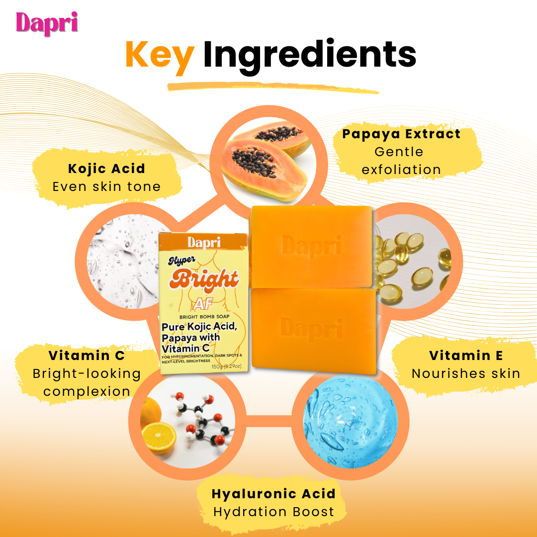 Dapri Hyper Bright AF Bright Bomb Soap with Pure Kojic Acid, Papaya, and Vitamin C (2 Pack + Mesh bag)