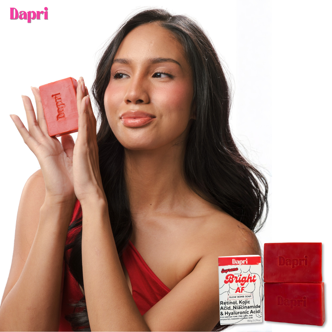 Dapri Supreme Bright AF Glow Bomb Soap Bars – Retinol, Kojic Acid, Niacinamide, Hyaluronic Acid, Vitamin C & E - Radiance, Hydrating & Smoothing Face & Body Cleanser – 2 Pack + Mesh Bag -150g