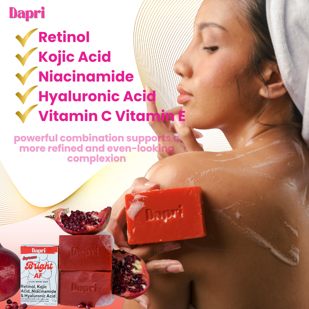 Dapri Supreme Bright AF Glow Bomb Soap Bars – Retinol, Kojic Acid, Niacinamide, Hyaluronic Acid, Vitamin C & E - Radiance, Hydrating & Smoothing Face & Body Cleanser – 2 Pack + Mesh Bag -150g