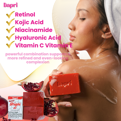 Dapri Supreme Bright AF Glow Bomb Soap Bars – Retinol, Kojic Acid, Niacinamide, Hyaluronic Acid, Vitamin C & E - Radiance, Hydrating & Smoothing Face & Body Cleanser – 2 Pack + Mesh Bag -150g