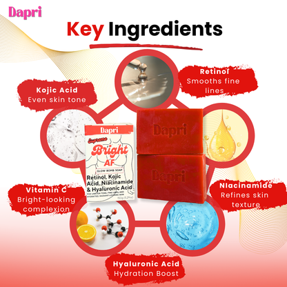 Dapri Supreme Bright AF Glow Bomb Soap Bars – Retinol, Kojic Acid, Niacinamide, Hyaluronic Acid, Vitamin C & E - Radiance, Hydrating & Smoothing Face & Body Cleanser – 2 Pack + Mesh Bag -150g