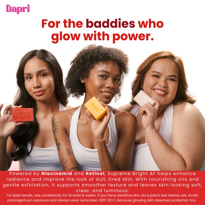 Dapri Supreme Bright AF Glow Bomb Soap Bars – Retinol, Kojic Acid, Niacinamide, Hyaluronic Acid, Vitamin C & E - Radiance, Hydrating & Smoothing Face & Body Cleanser – 2 Pack + Mesh Bag -150g